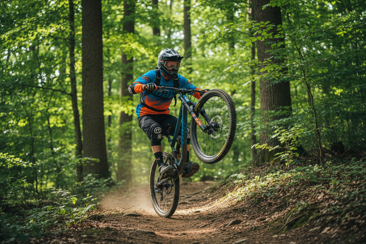  vvt rider doing wheelie forest background